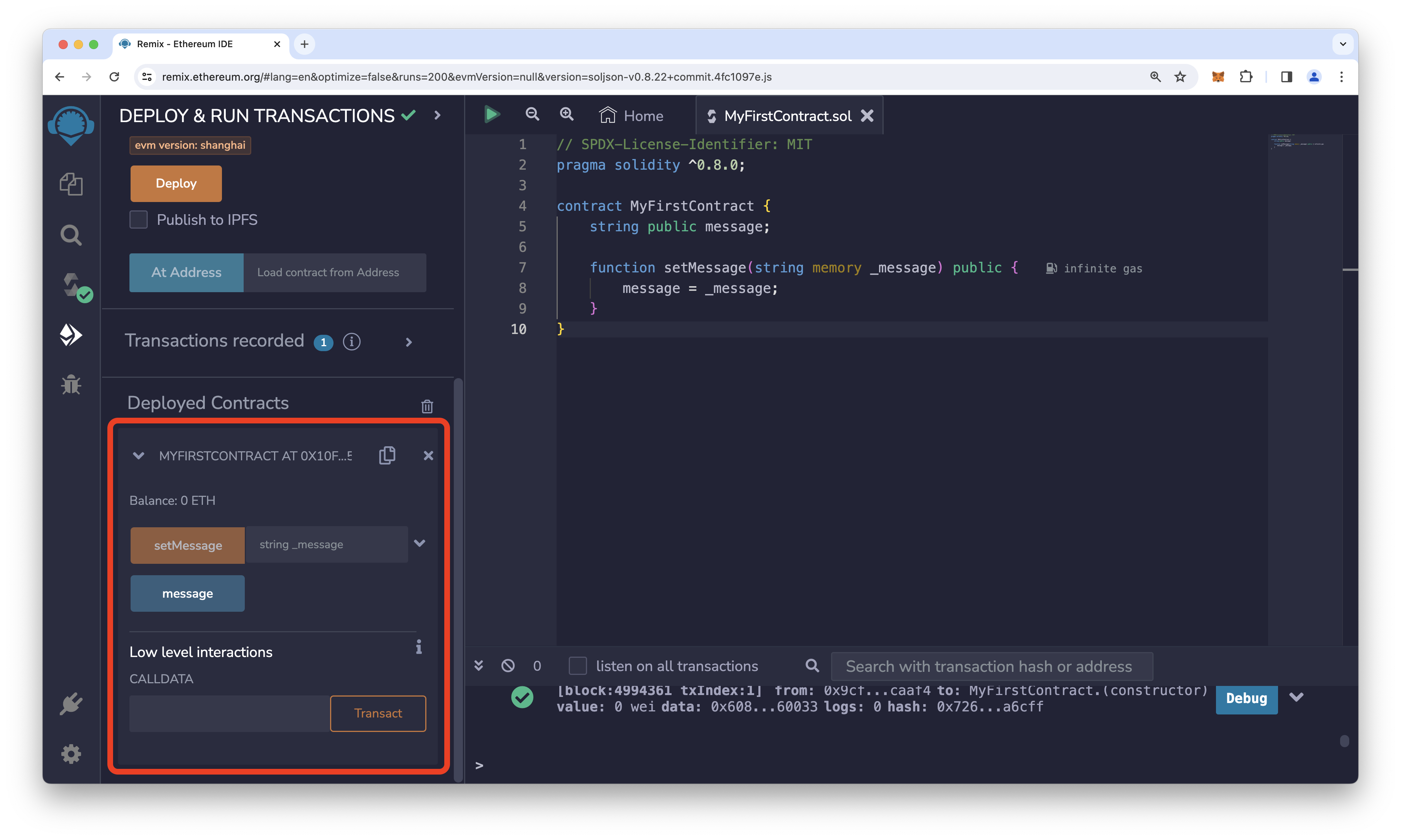 Remix window with the deployed contract area highlighted.